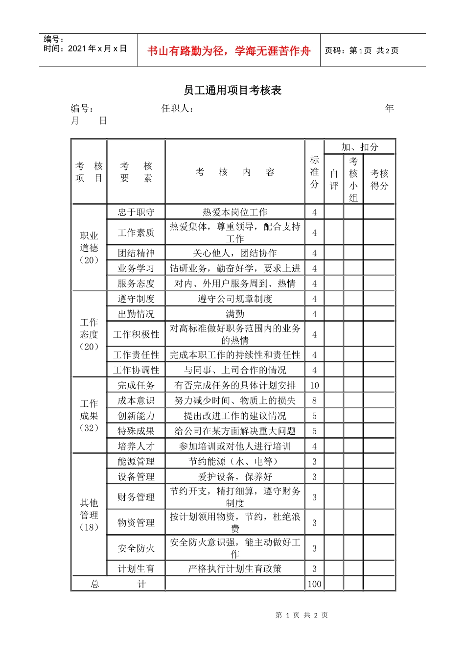 员工通用项目考核表_第1页