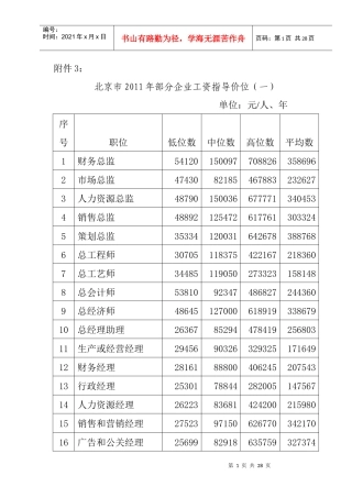 北京市XXXX年部分企业工资指导价位