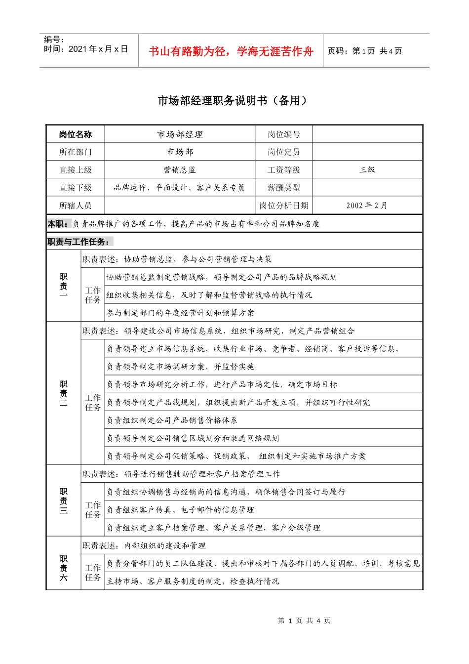 市场部经理职务说明书（备用）_第1页