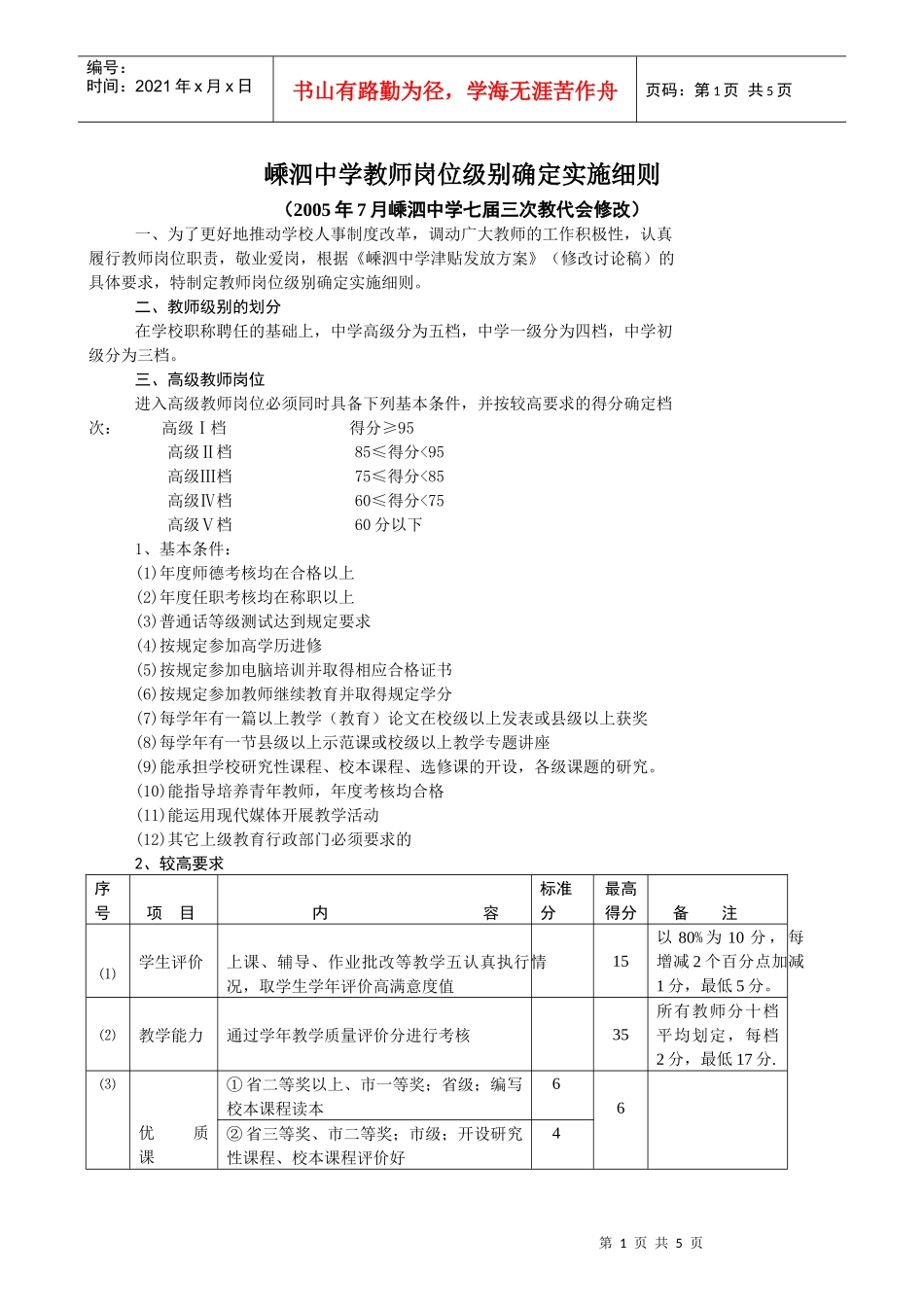 嵊泗中学教师岗位级别确定实施细则_第1页