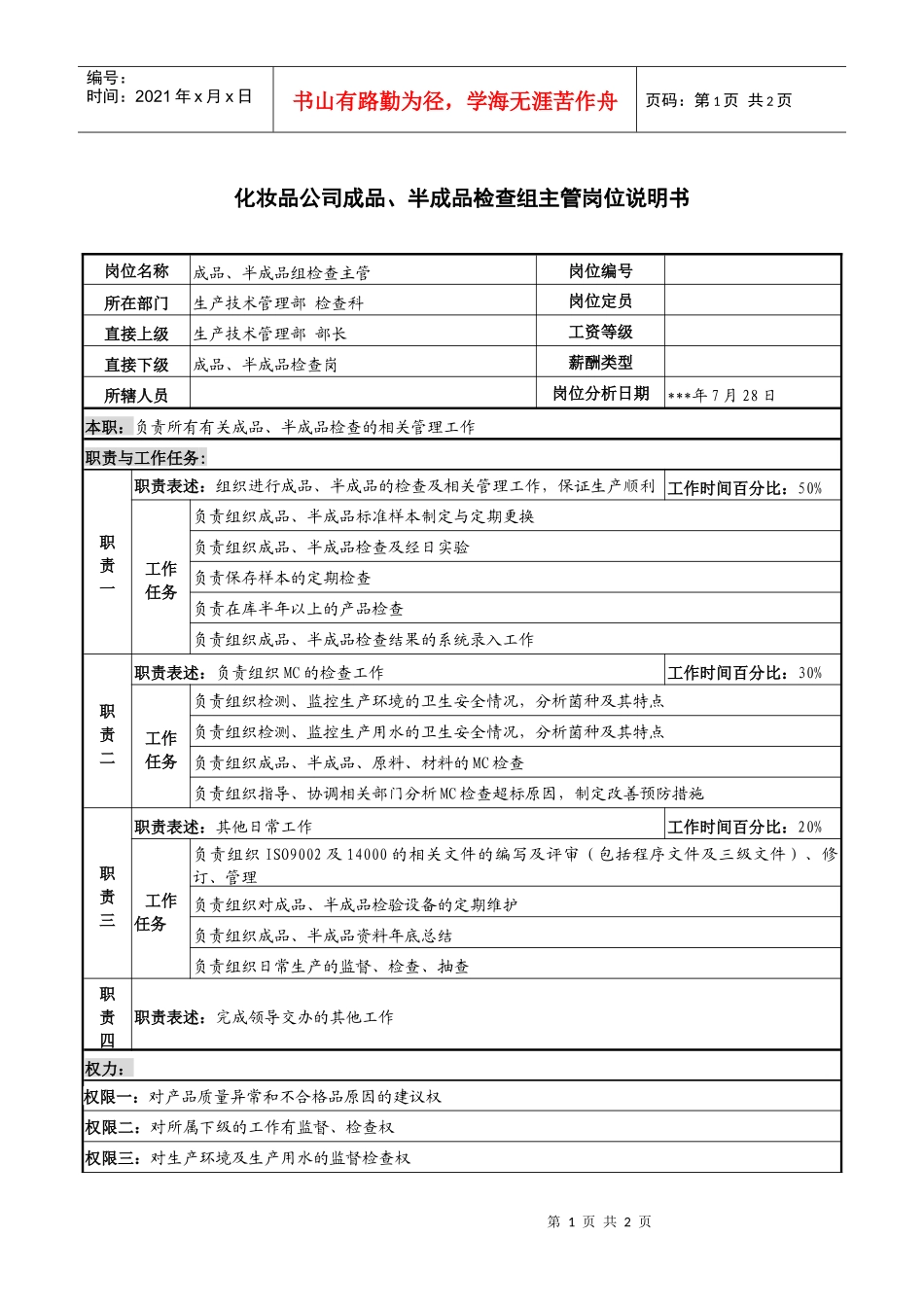 化妆品公司成品、半成品检查组主管岗位说明书_第1页