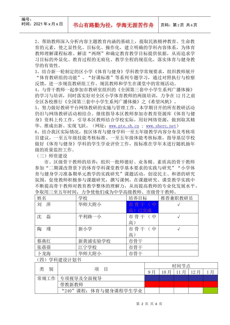 人力资源-2022XXXX学年第一学期小学体育学科工作计划_第2页