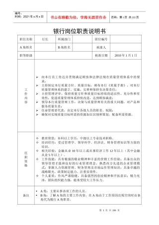 商业银行全员岗位职责说明书汇总