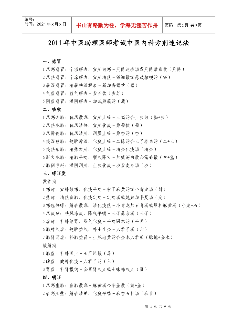 人力资源-2022XXXX年中医助理医师考试中医内科方剂速记法_第1页