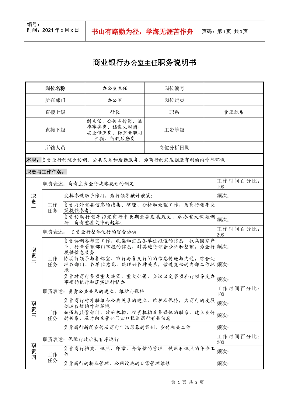 商业银行办公室主任职务说明书_第1页