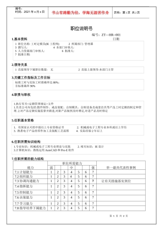 工时定额员职位说明书
