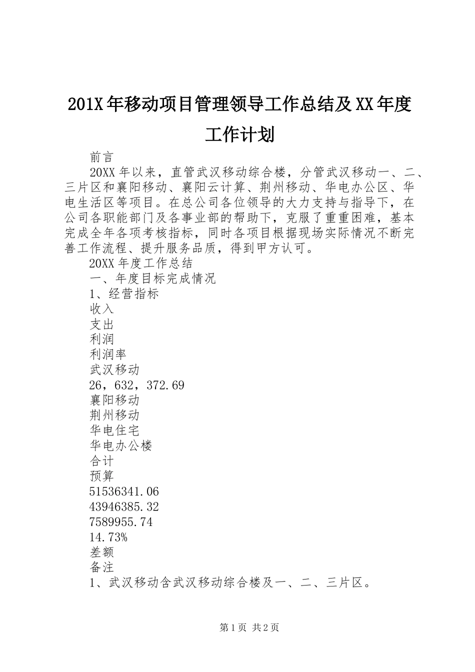 201X年移动项目管理领导工作总结及XX年度工作计划_第1页
