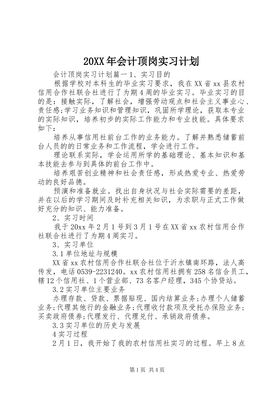 20XX年会计顶岗实习计划_第1页