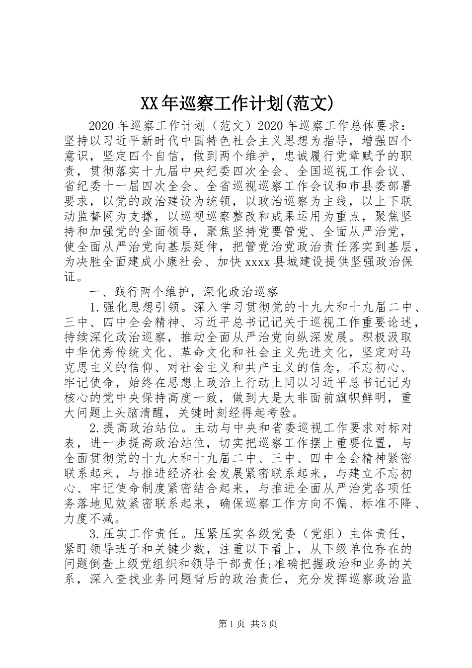 XX年巡察工作计划(范文)_第1页