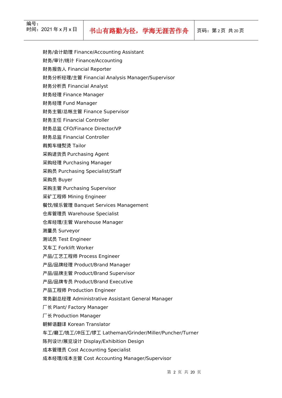 岗位职称、部门名称中英文对照表_第2页