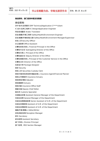 岗位职称、部门名称中英文对照表