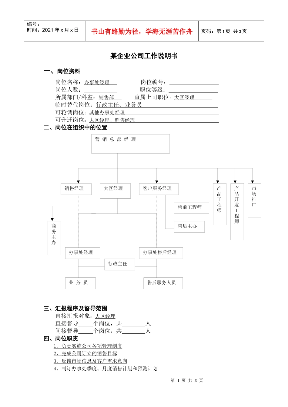 【职位描述】工作说明书-办事处经理_第1页