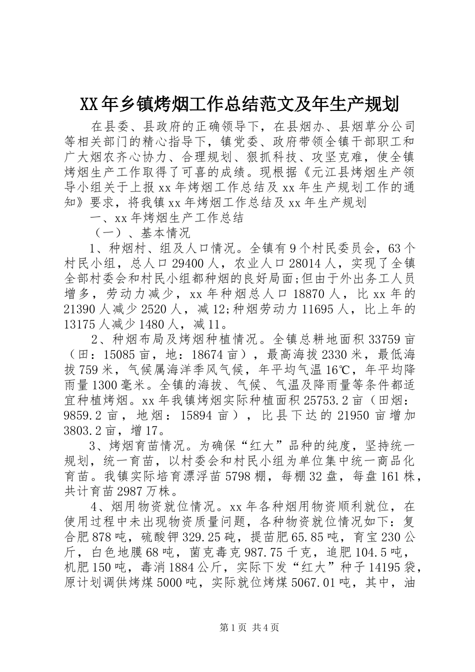 XX年乡镇烤烟工作总结范文及年生产规划_第1页