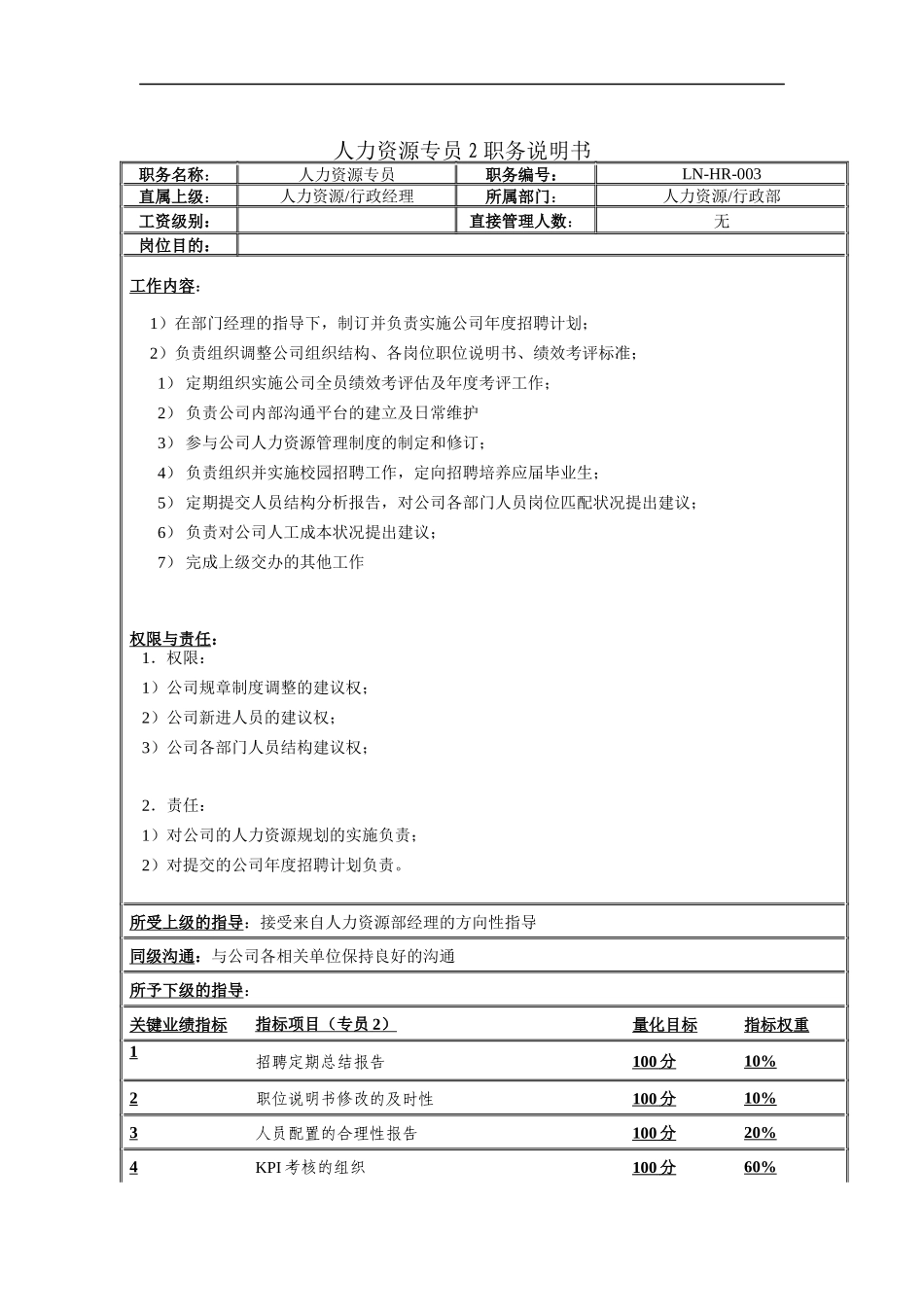 人力资源专员2职务说明书_第1页