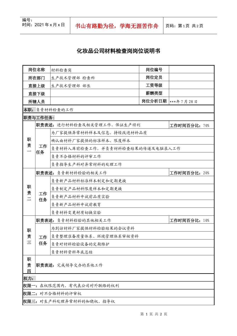 化妆品公司材料检查岗岗位说明书_第1页