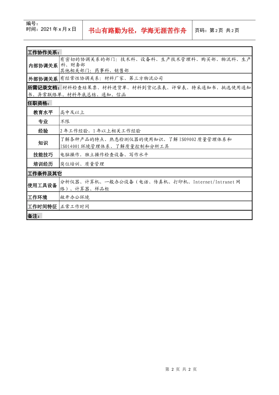 化妆品公司材料检查岗岗位说明书_第2页