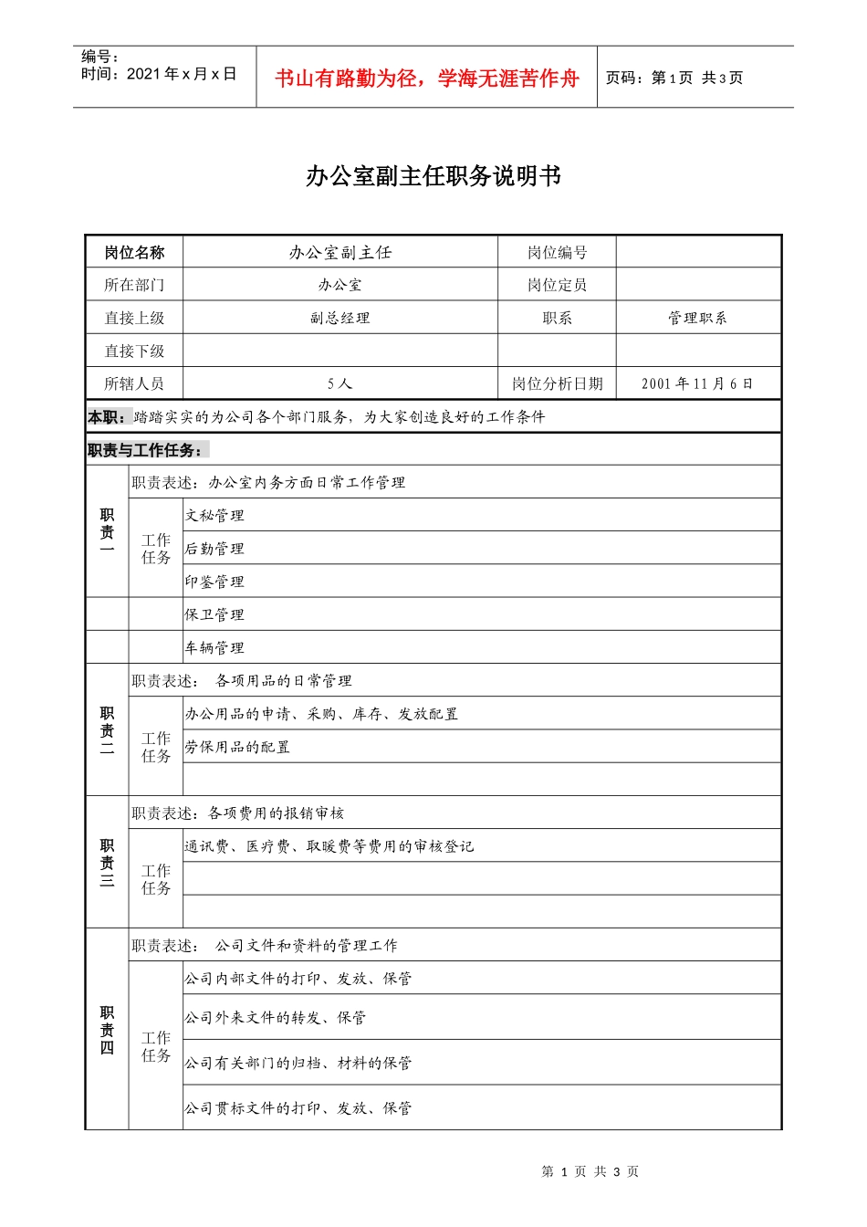 宝地建设集团办公室副主任职务说明书_第1页