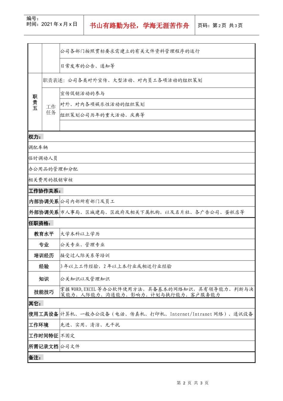宝地建设集团办公室副主任职务说明书_第2页