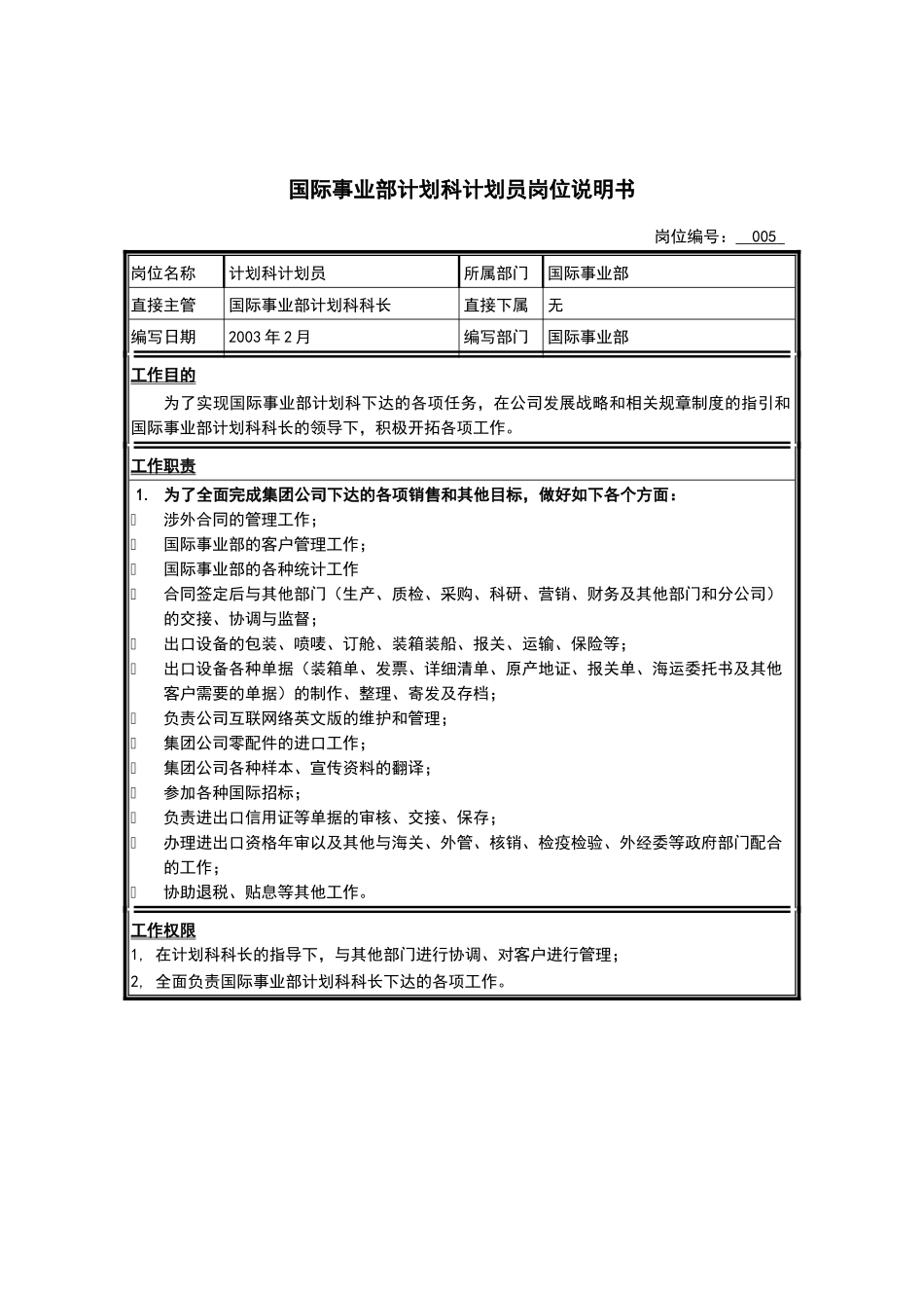 国际事业部计划科计划员岗位说明书_第1页