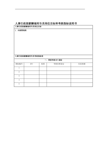 国安创想公司人事行政部薪酬福利专员岗位目标和考核指标说明书