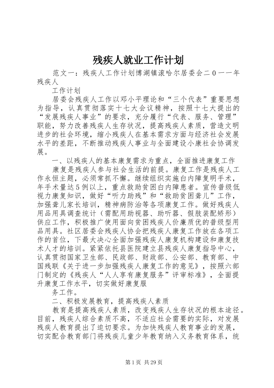 残疾人就业工作计划_第1页