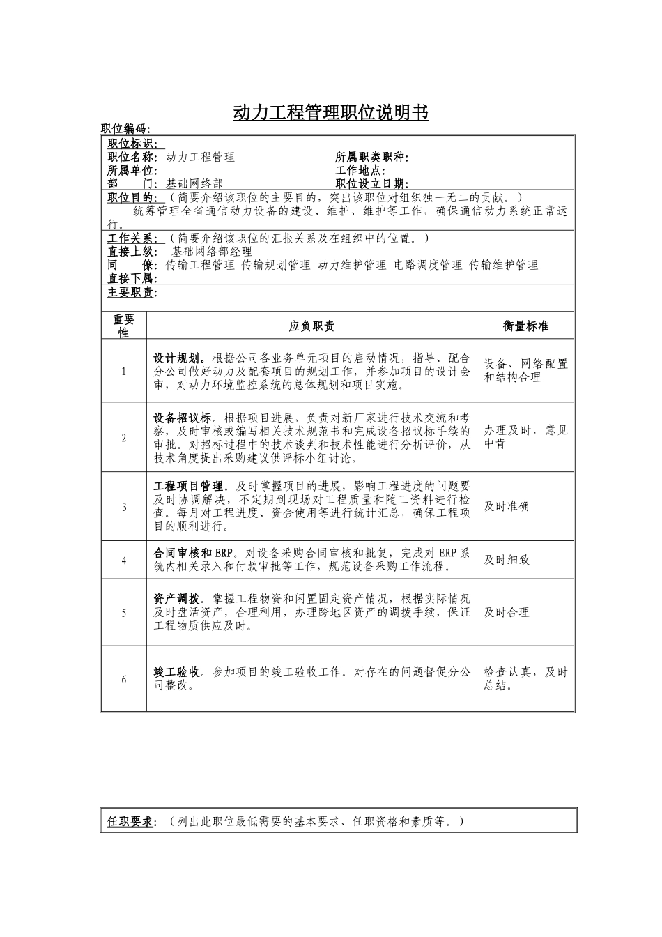 动力工程管理岗位说明书_第1页