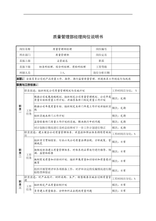 奥康集团质量管理部经理岗位说明书