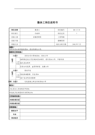 乾坤木业公司行政部勤杂工岗位说明书