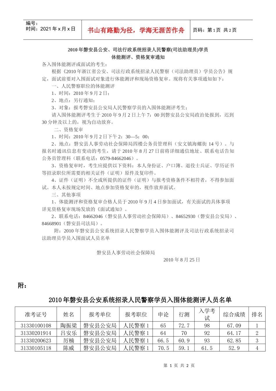 XXXX年磐安县公安、司法系统招录人民警察(司法助理员)学员_第1页