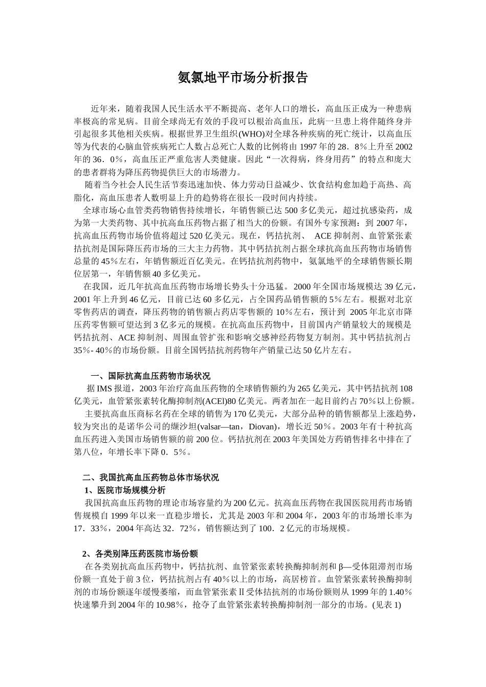 氨氯地平的市场分析_第1页