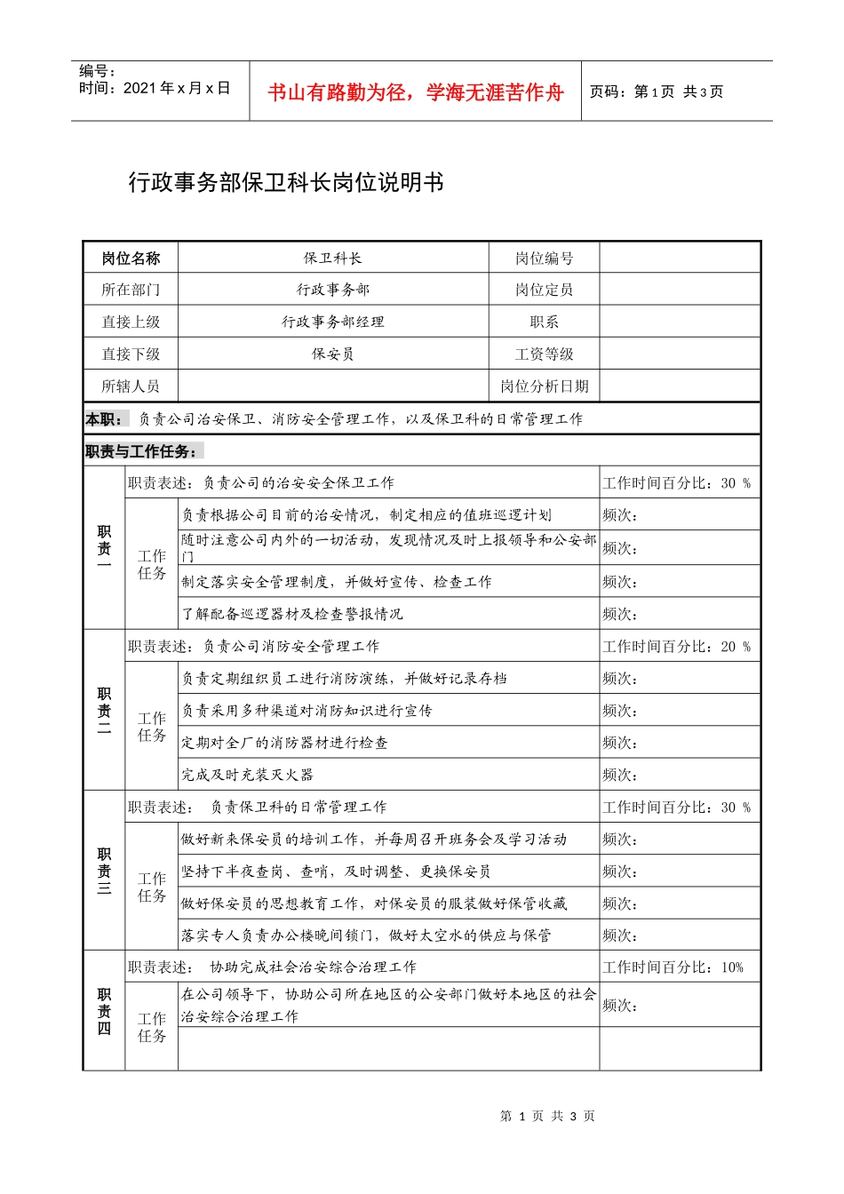 制鞋企业行政事务部保卫科长岗位说明书_第1页