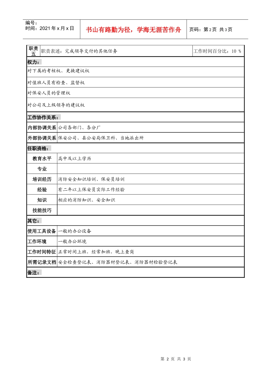 制鞋企业行政事务部保卫科长岗位说明书_第2页