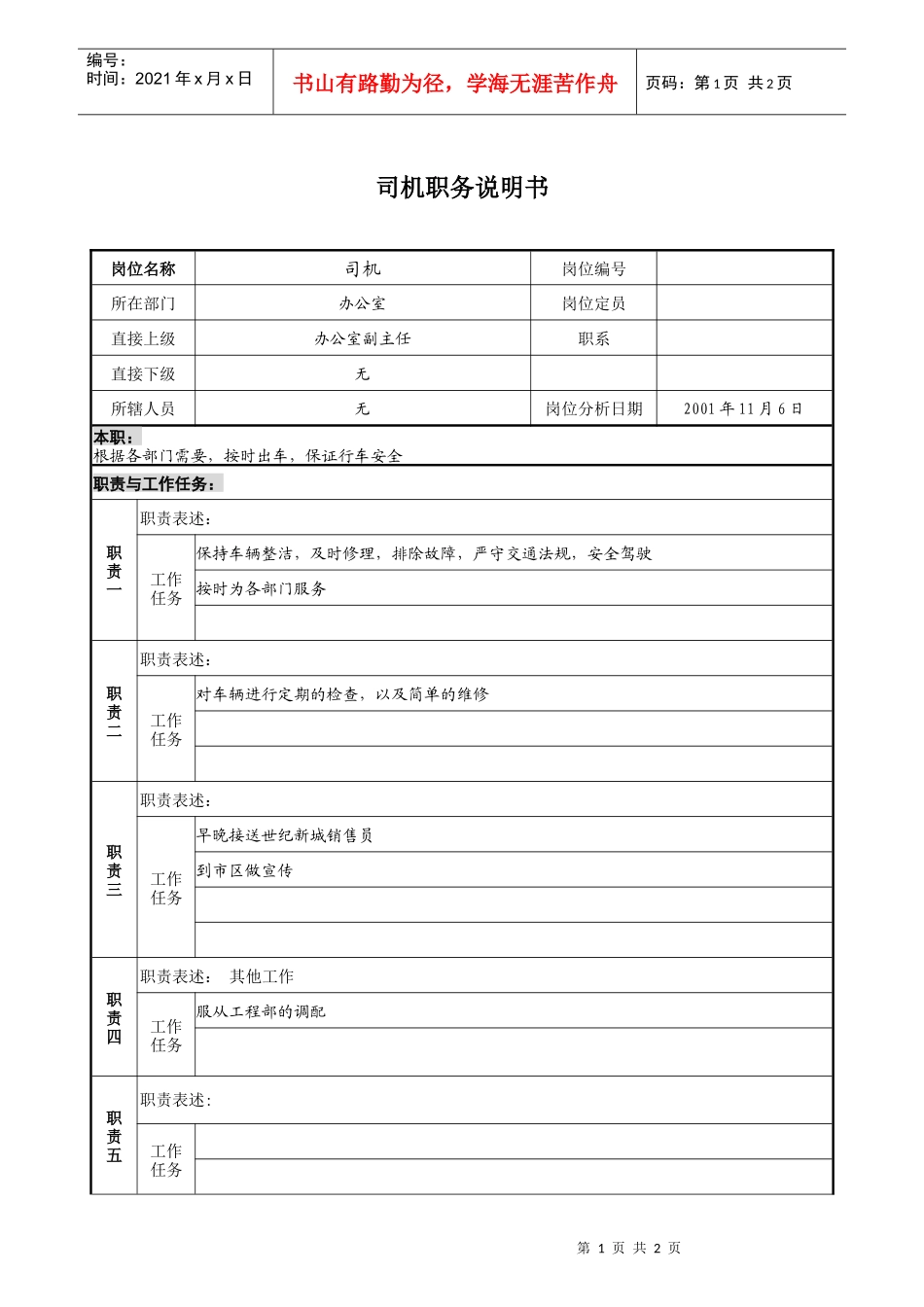 宝地建设集团办公室司机职务说明书_第1页