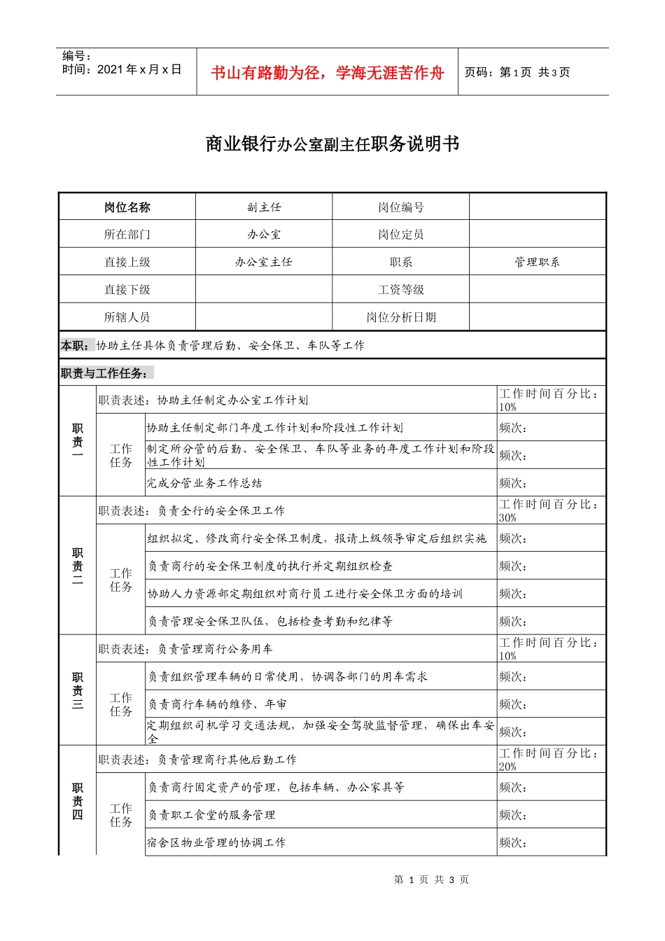 商业银行办公室副主任职务说明书_第1页