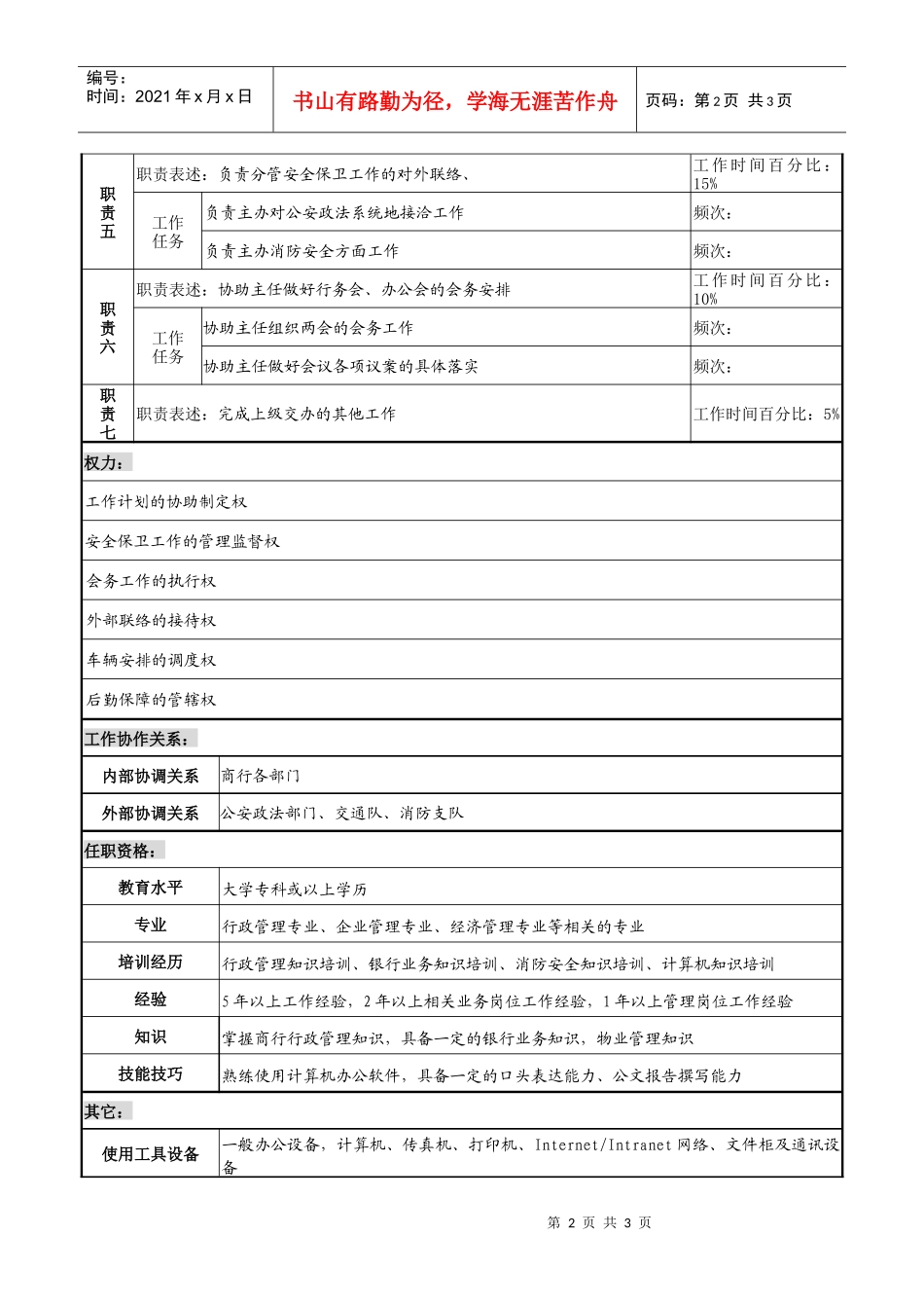 商业银行办公室副主任职务说明书_第2页