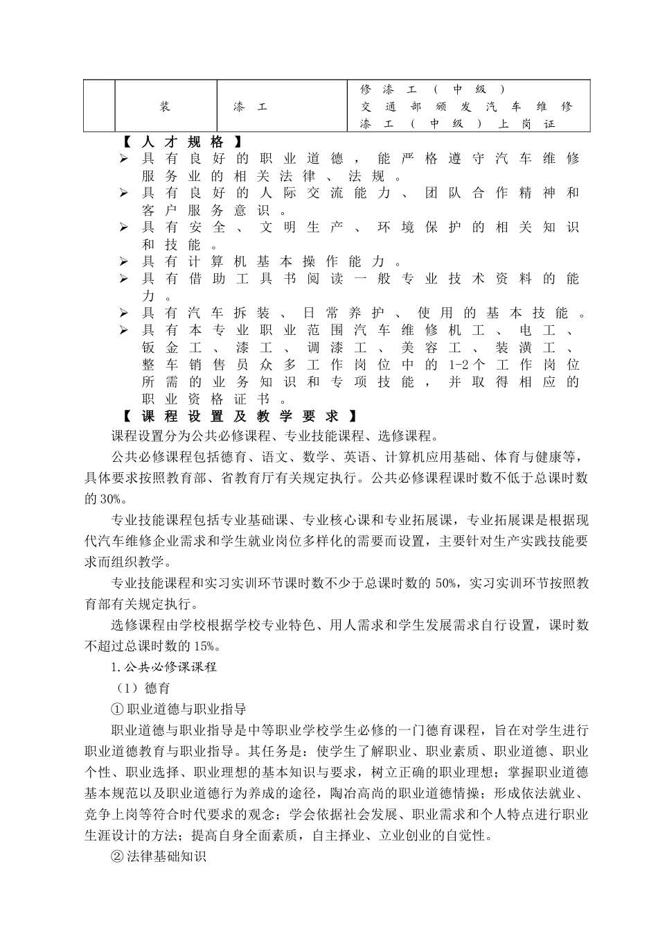 汽车运用与维修专业实施性教学计划_第2页