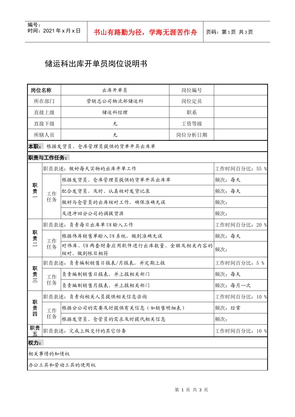 制鞋企业储运科出库开单员岗位说明书_第1页