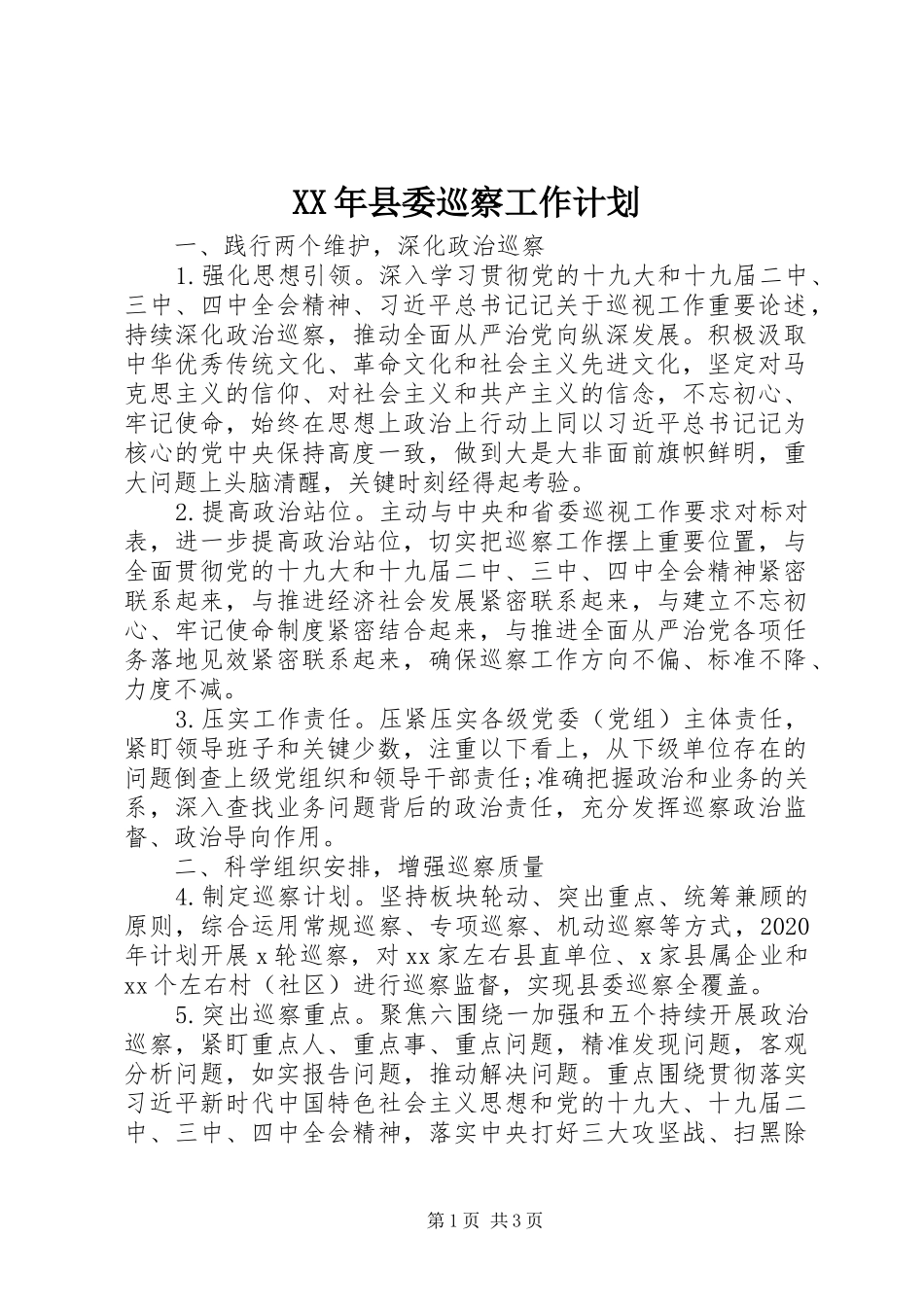 XX年县委巡察工作计划_第1页