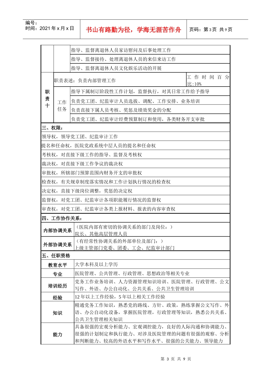人力资源-2022HR某医院党委纪检岗位说明书_第3页