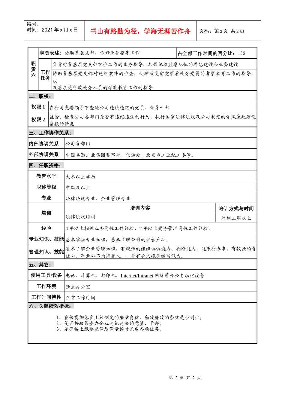 仪器生产企业纪委副书记职位说明书_第2页