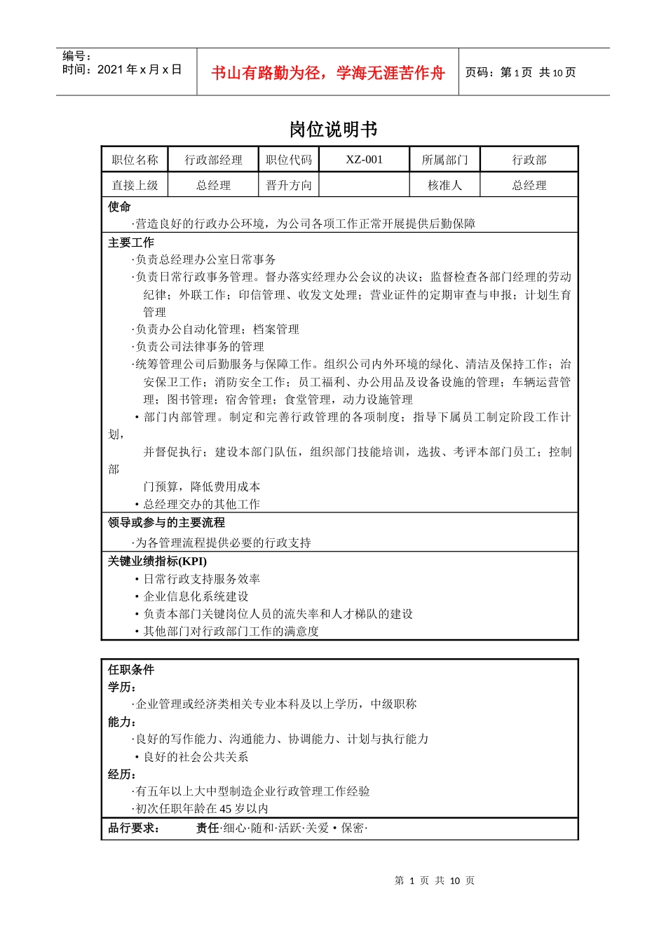 人力资源-2022XXXX岗位说明书-行政部_第1页