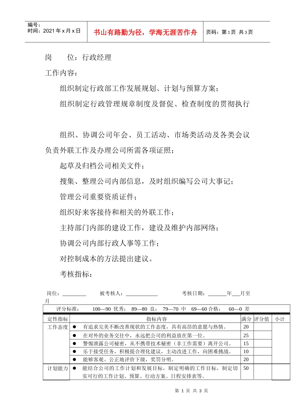 岗位工作内容和年度定性考核指-行政经理_第1页