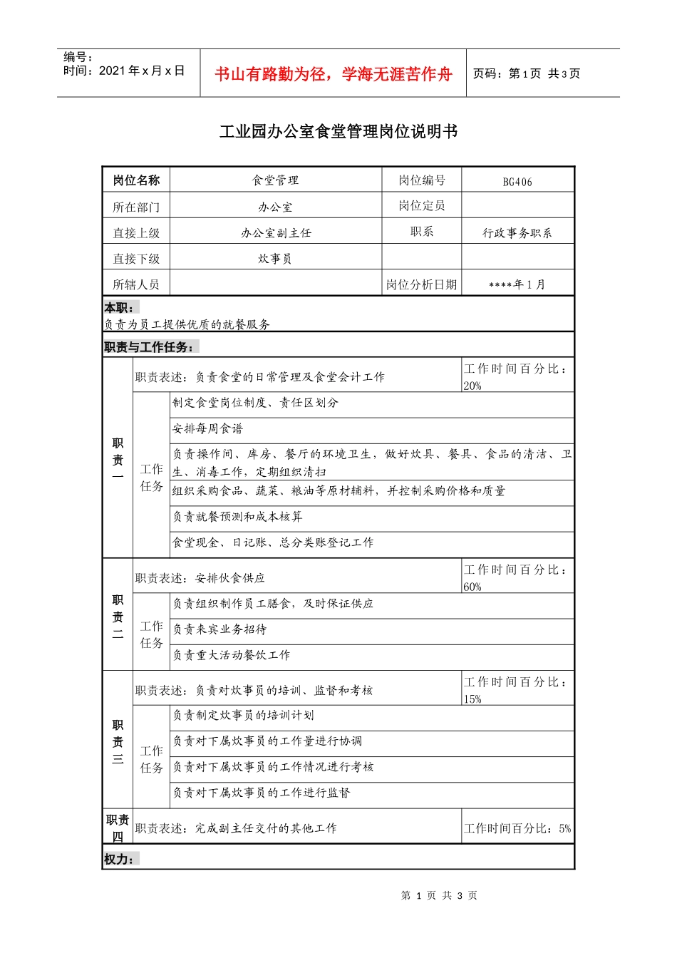 工业园办公室食堂管理岗位说明书_第1页