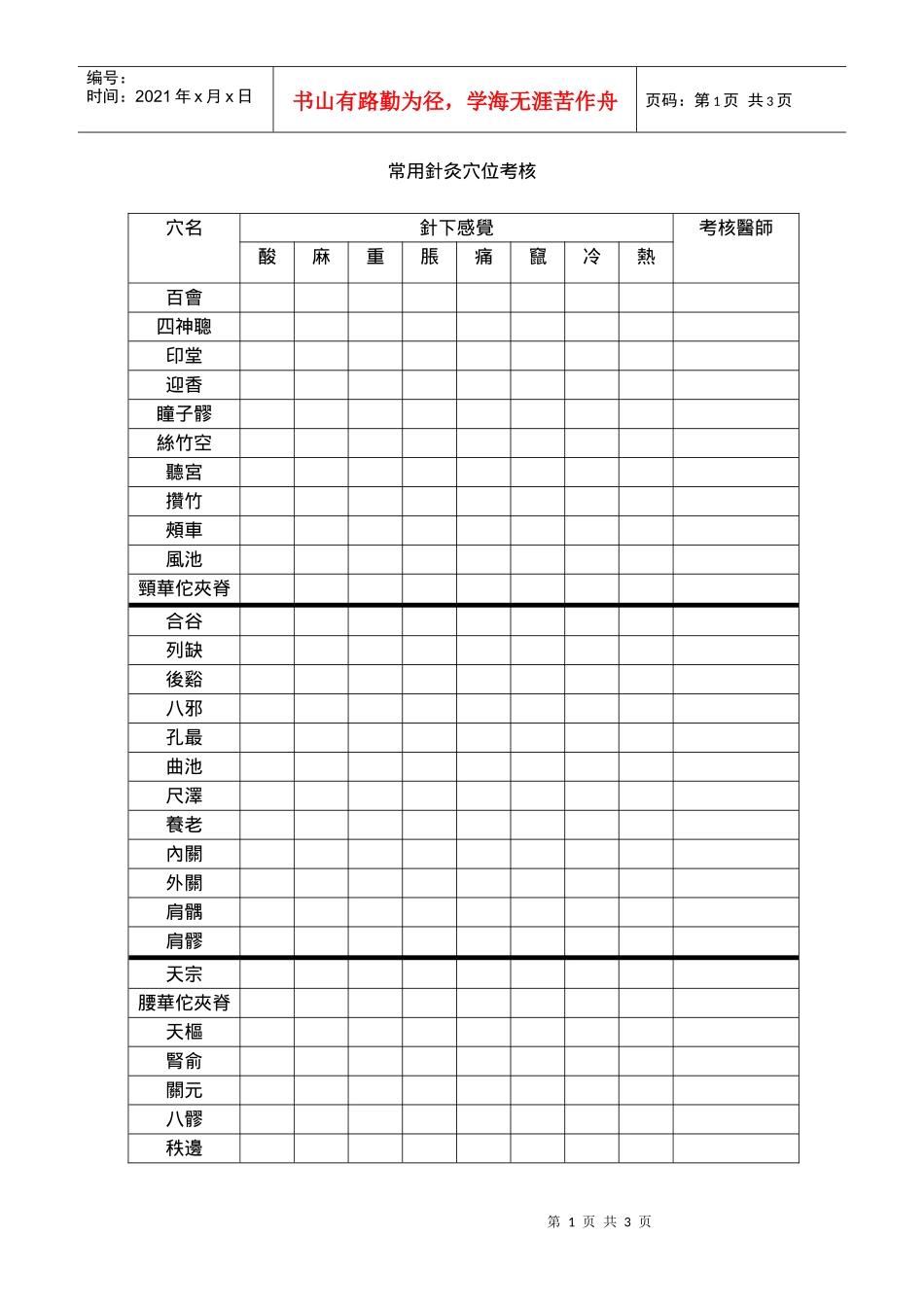 常用针灸穴位考核_第1页