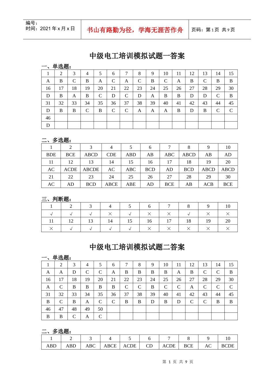 中级电工培训模拟试题一答案(XXXX2)_第1页