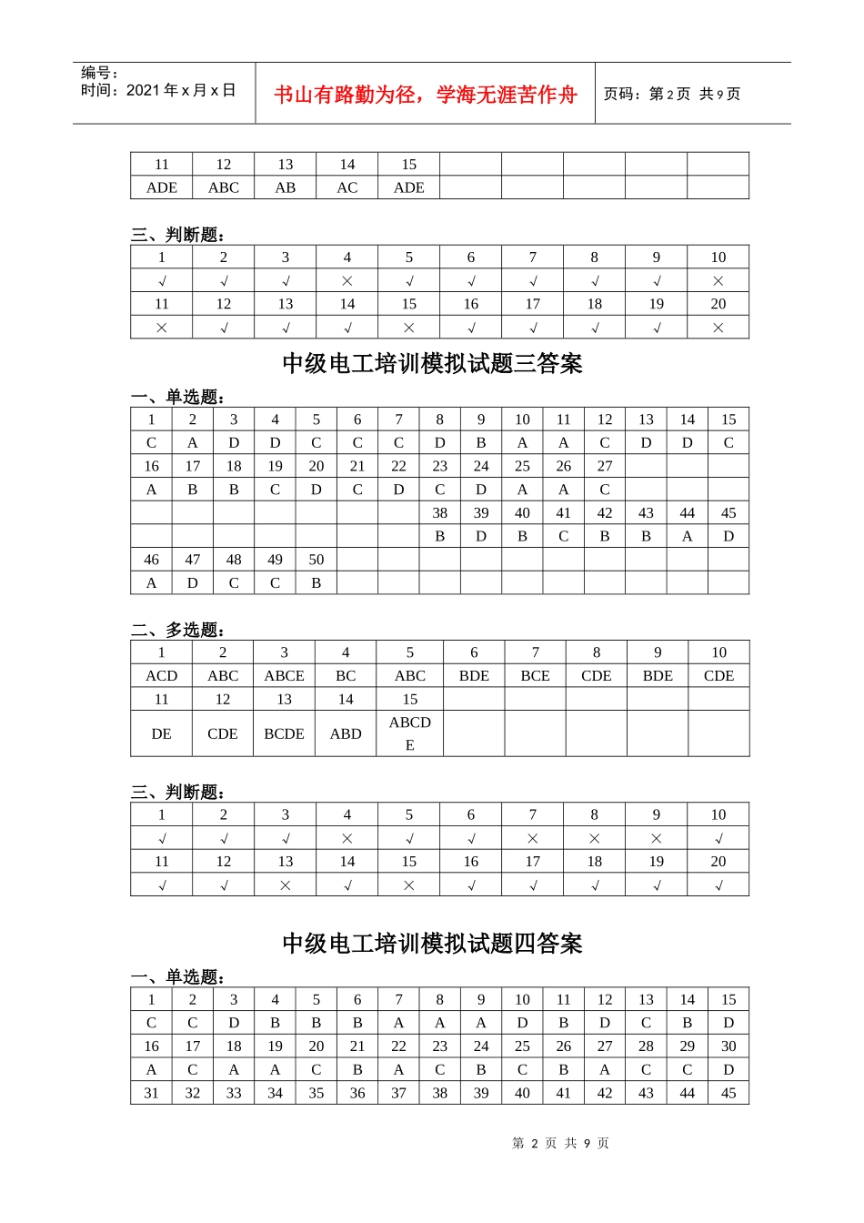 中级电工培训模拟试题一答案(XXXX2)_第2页