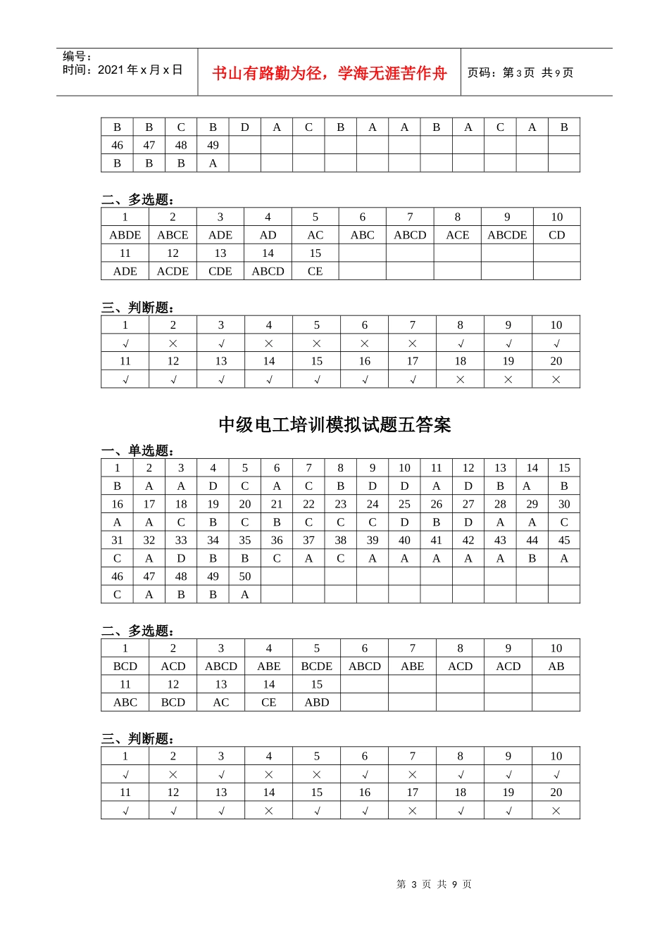 中级电工培训模拟试题一答案(XXXX2)_第3页
