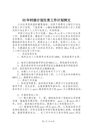 XX年村级计划生育工作计划例文