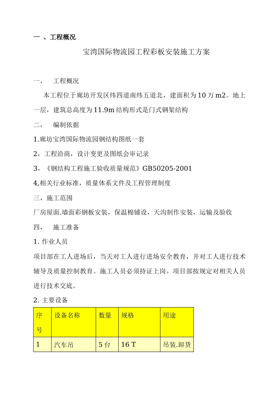 钢结构屋面彩板安装施工方案_第1页