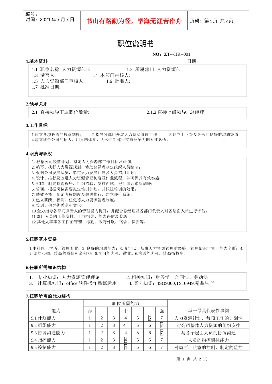 人力资源经理职务说明书（宗泰）_第1页